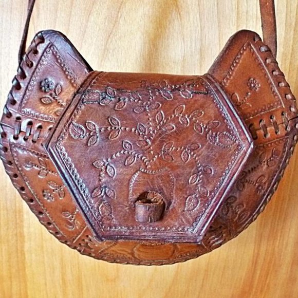Hand Crafted Tooled Leather Shoulder Bag in Unique Hexagon Shape - Picture 1 of 15